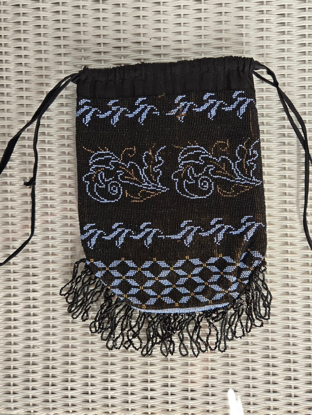 Vintage Nat Lewis Beaded Black Mini Drawstring Bag with Blue Accents